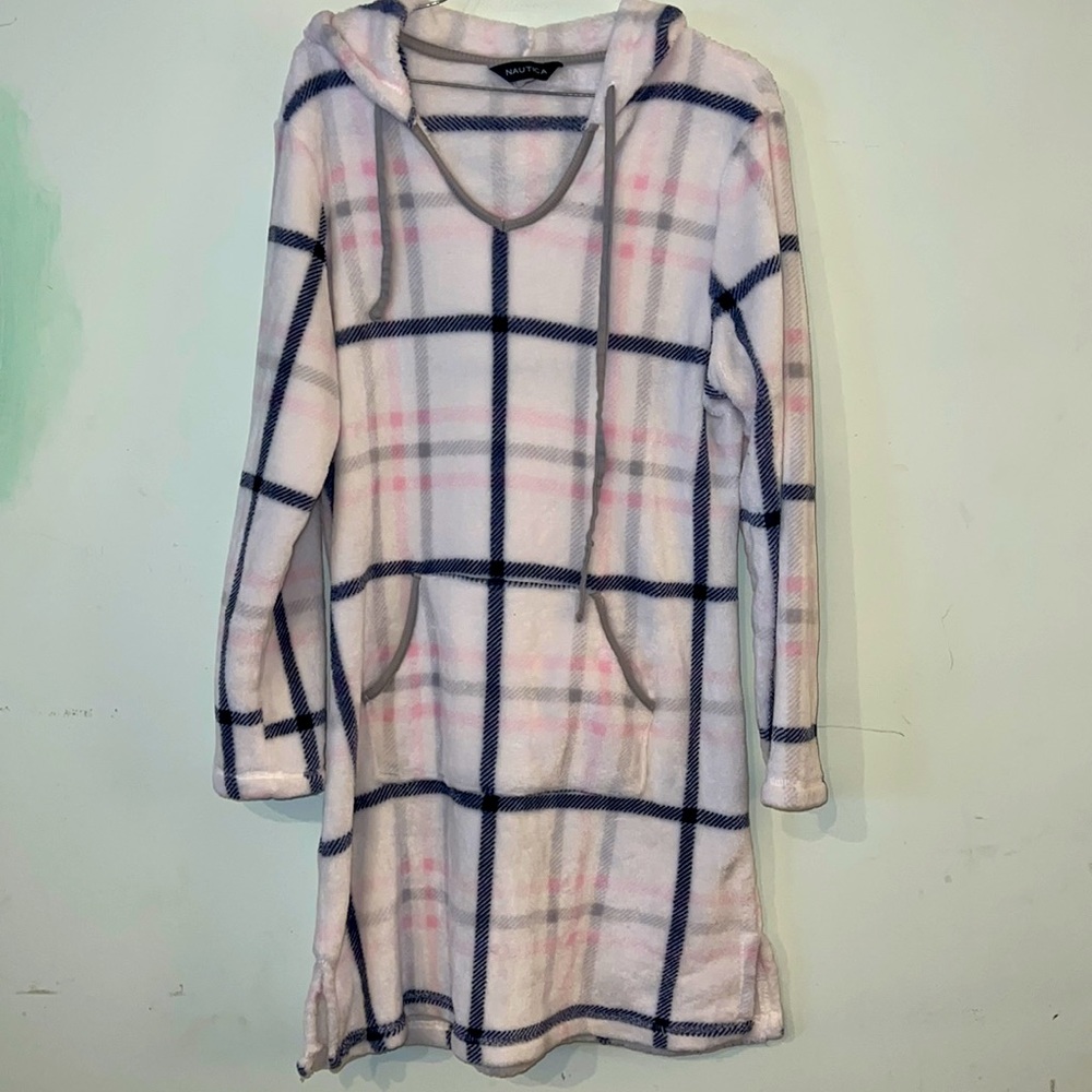 Nautical Windowpane Long Pullover Robe Kangaroo P… - image 1